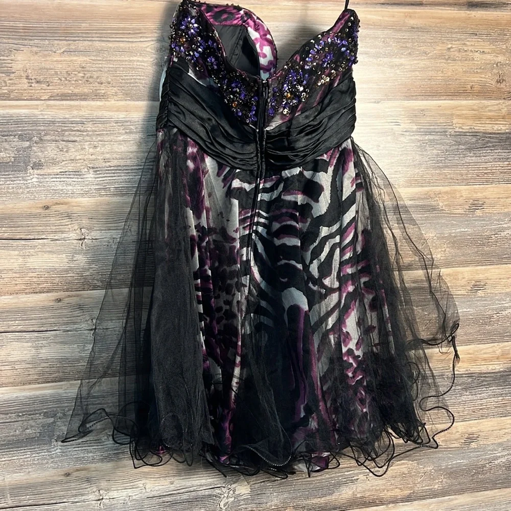 Cindy Collection Strapless Purple Leopard & Black Tulle Prom Formal Dress  NWT - Picture 2 of 4